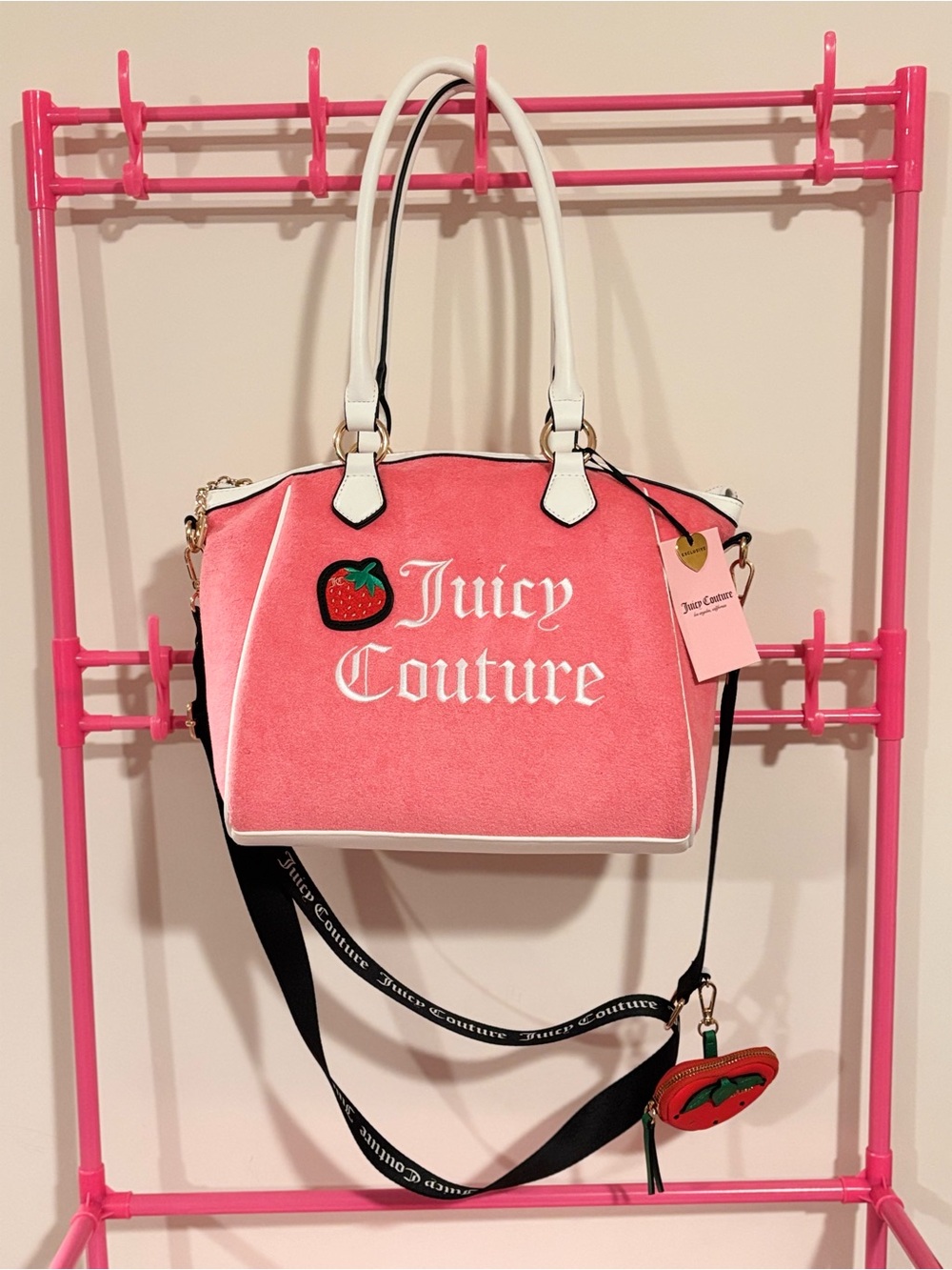 Juicy Couture Coral Pink Satchel with White Handles & Strawberry Patch